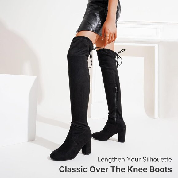 Women's Black Suede Chunky Heels Zipper Over The Knee High Adjustable Boots - Picture 3 of 9